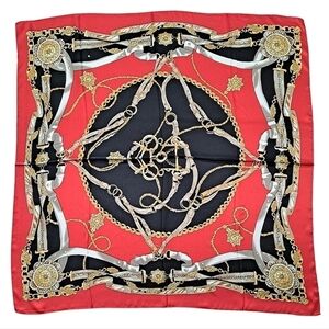 💖 Square Satin Red black Gold chain print floral hair head neck bandana scarf